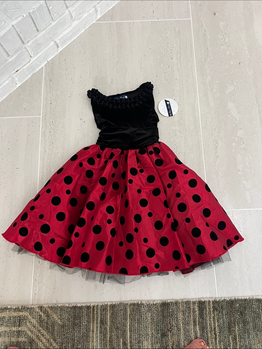 Girls Black & Red Polka Dot Party Dress - Velvet Bodice, Full Skirt
